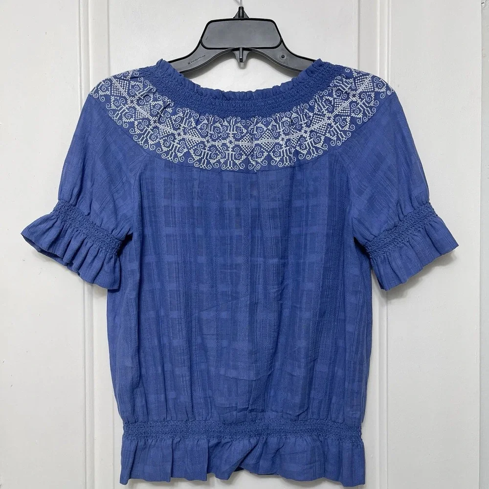 Tory Burch Nina Embroidered Peasant Short Sleeve Blouse in Blue Size XS - Picture 5 of 9